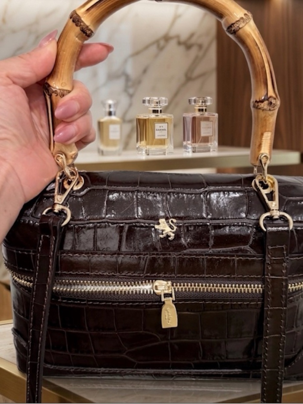 Dark Brown Croc-Embossed Shoulder Bag with Bamboo Handle